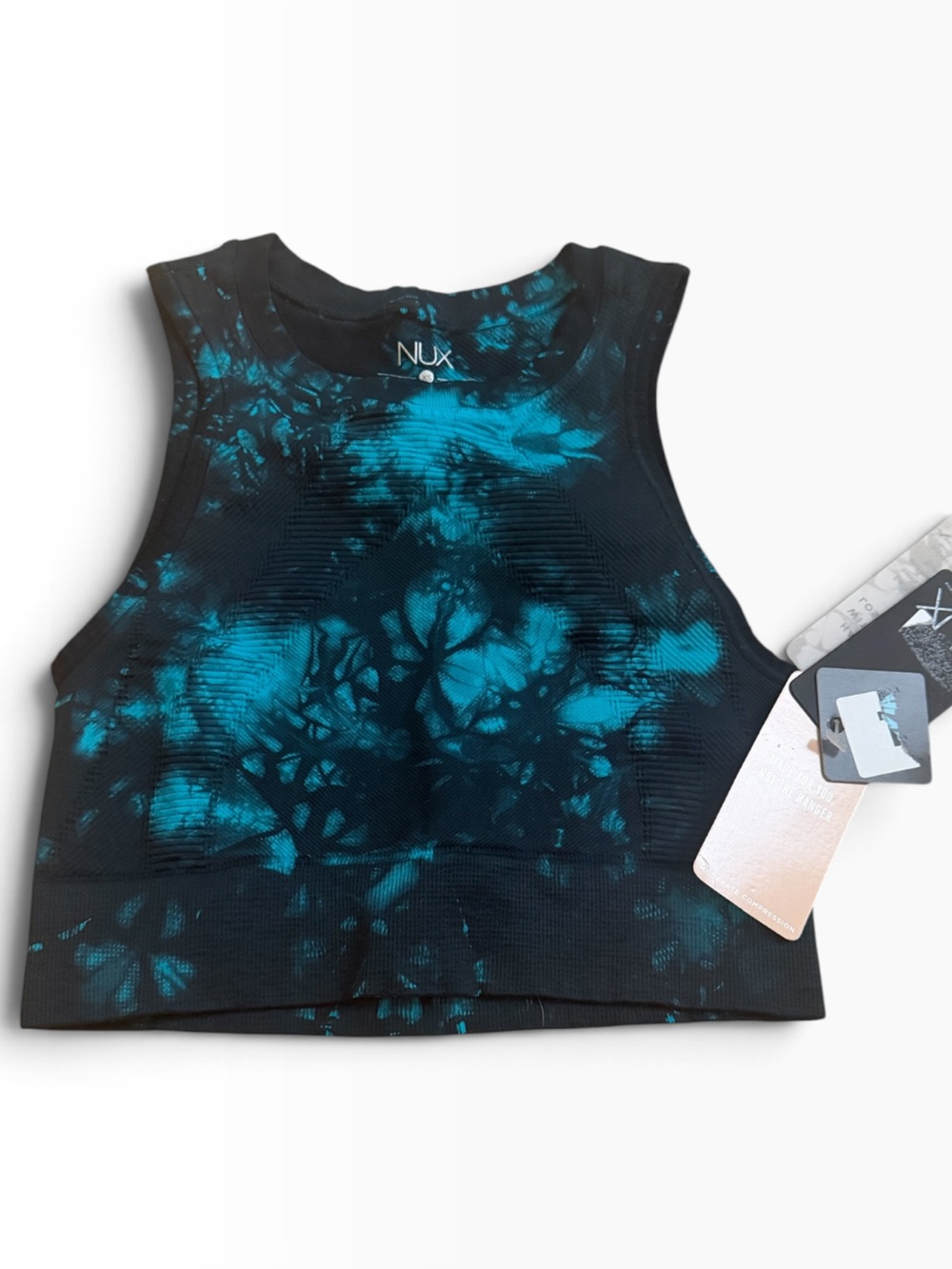 NUX Midnight Crest Ribbed Crop Tank XS Teal Black Tie Dye NWT